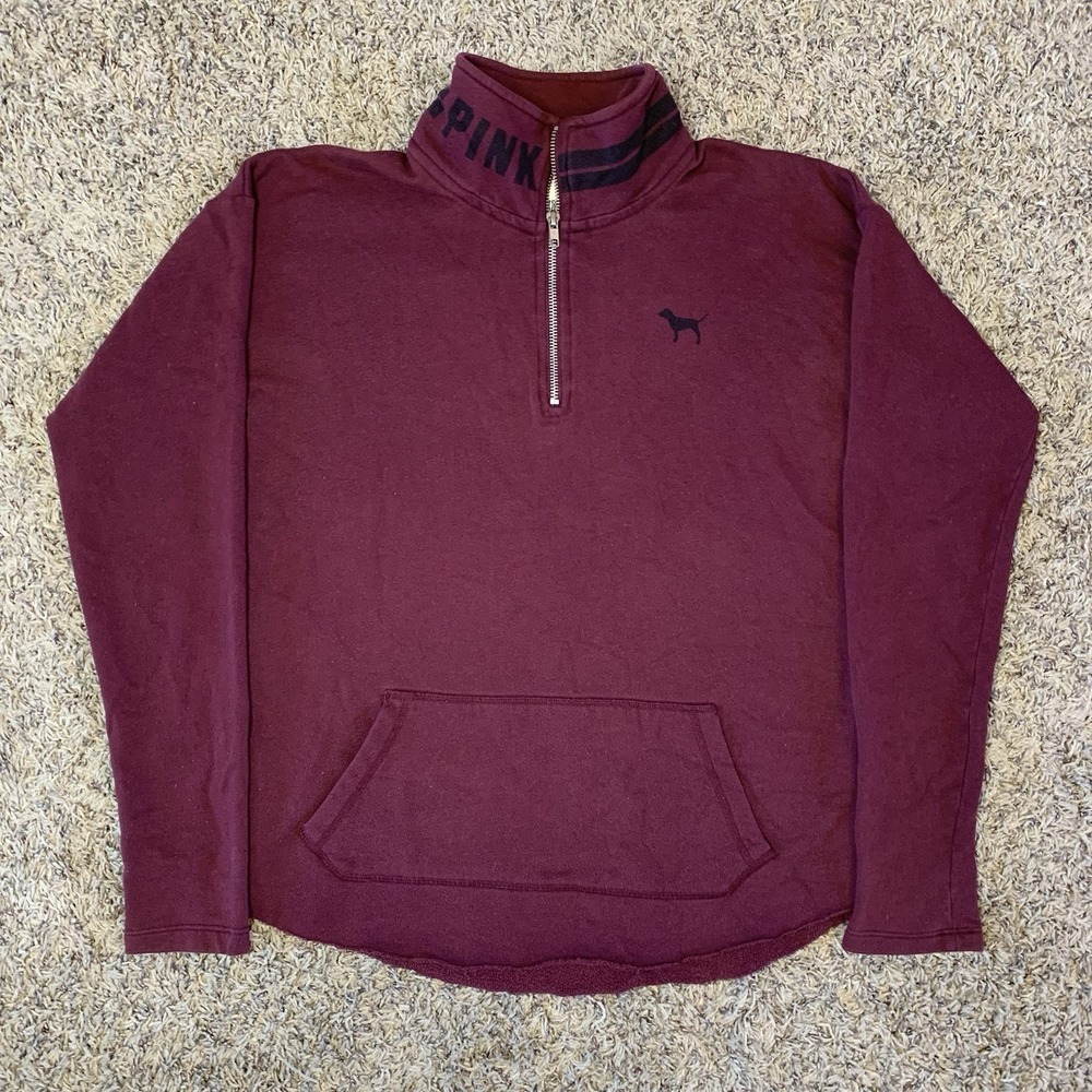 Victoria's Secret PINK Sweatshirt Womens XS Burgundy 1/4 Zip Pullover Pocket